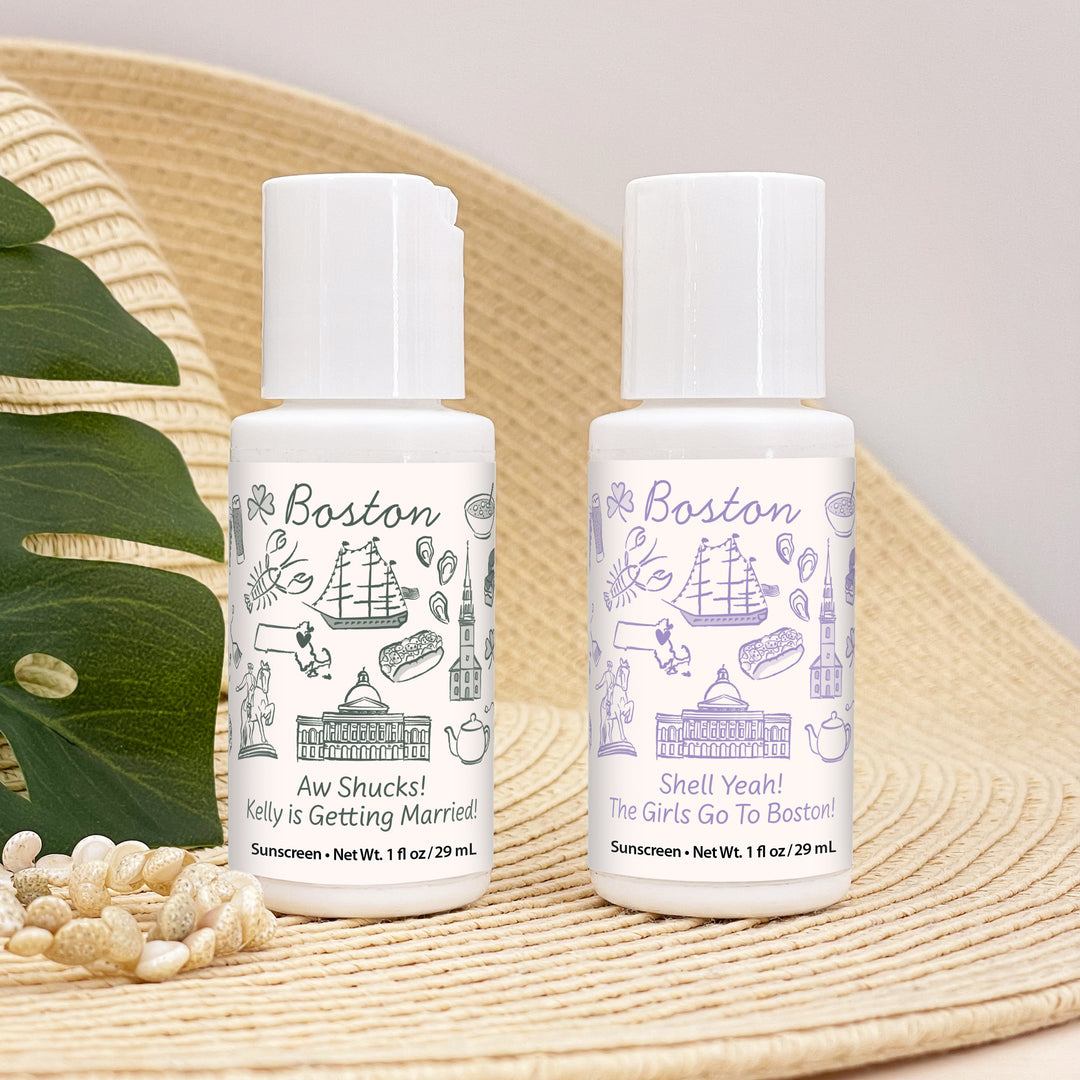 Mini Sunscreen Favors, Girls Trip, Hand Drawn Boston Bachelorette Sunscreen
