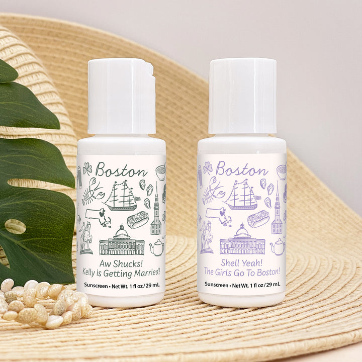 Mini Sunscreen Favors, Girls Trip, Hand Drawn Boston Bachelorette Sunscreen