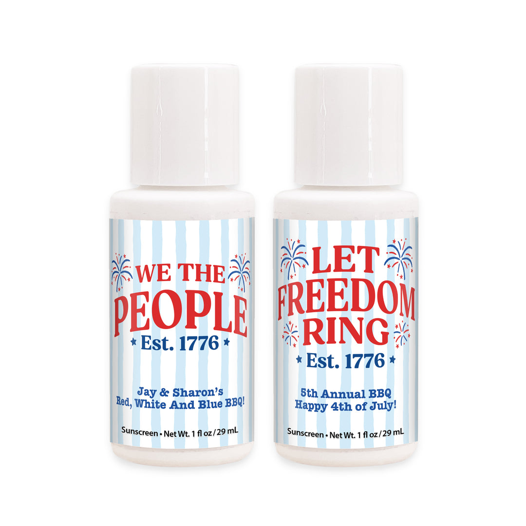Patriotic Striped Mini Sunscreen Favors, God Bless America, Land of the Free, We the People, 1oz Sunscreen