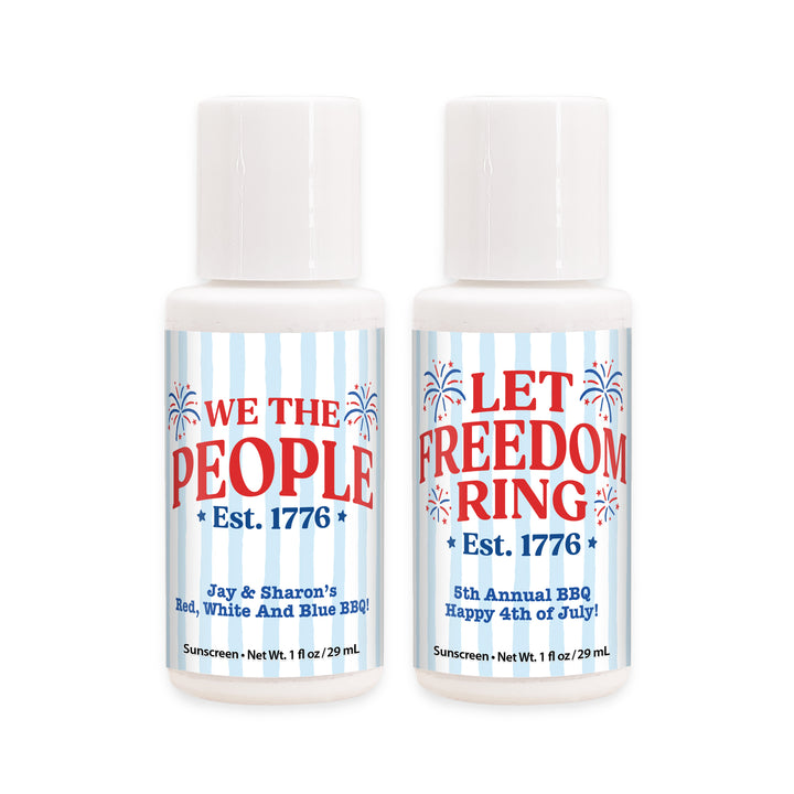 Patriotic Striped Mini Sunscreen Favors, God Bless America, Land of the Free, We the People, 1oz Sunscreen