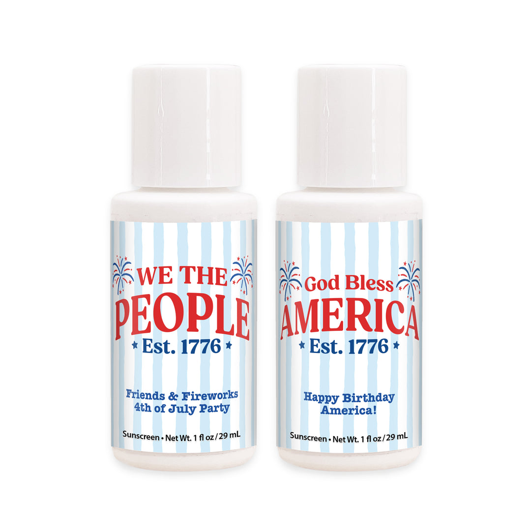 Patriotic Striped Mini Sunscreen Favors, God Bless America, Land of the Free, We the People, 1oz Sunscreen