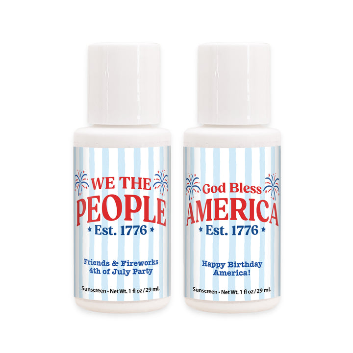 Patriotic Striped Mini Sunscreen Favors, God Bless America, Land of the Free, We the People, 1oz Sunscreen