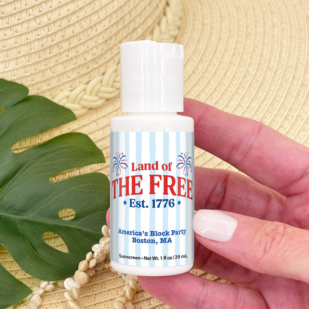 Patriotic Striped Mini Sunscreen Favors, God Bless America, Land of the Free, We the People, 1oz Sunscreen