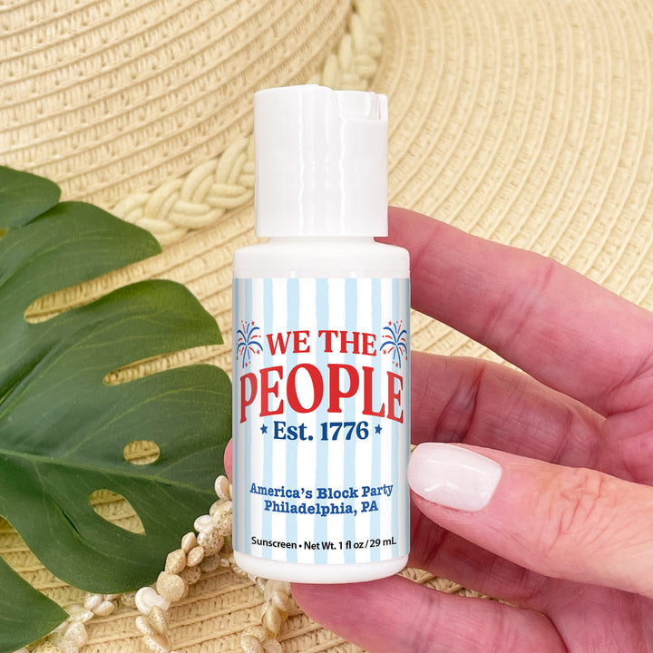 Patriotic Striped Mini Sunscreen Favors, God Bless America, Land of the Free, We the People, 1oz Sunscreen