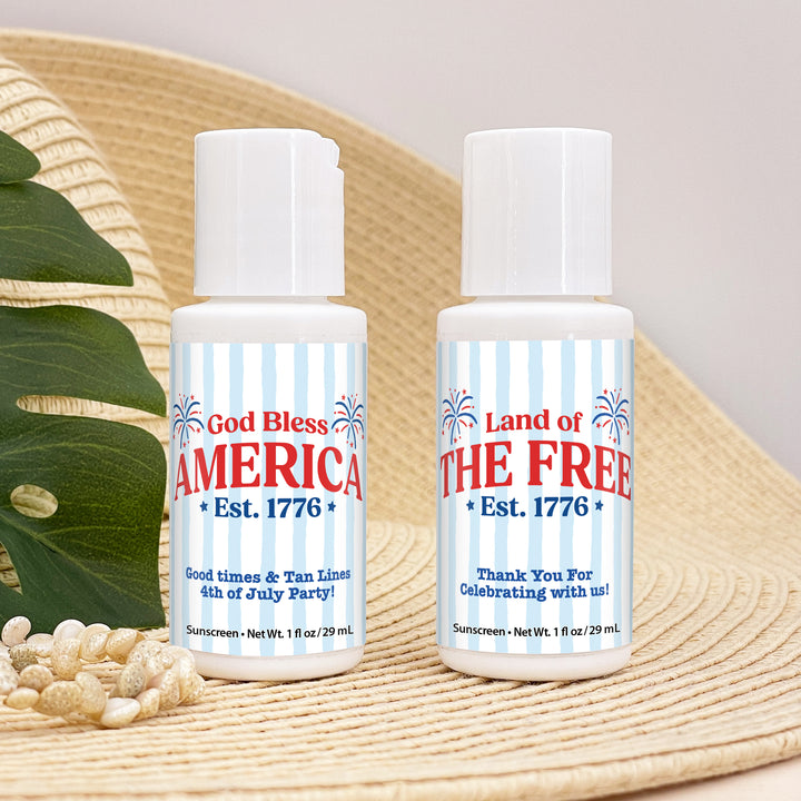 Patriotic Striped Mini Sunscreen Favors, God Bless America, Land of the Free, We the People, 1oz Sunscreen