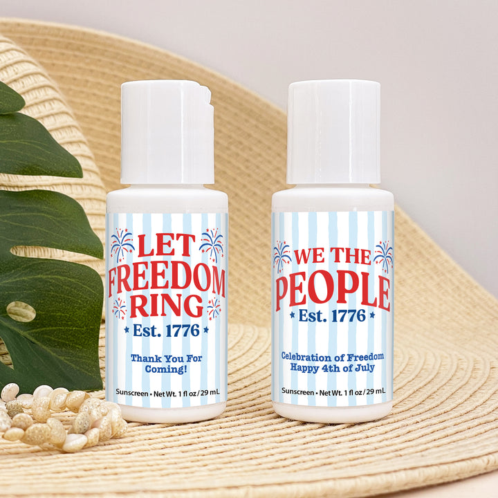 Patriotic Striped Mini Sunscreen Favors, God Bless America, Land of the Free, We the People, 1oz Sunscreen