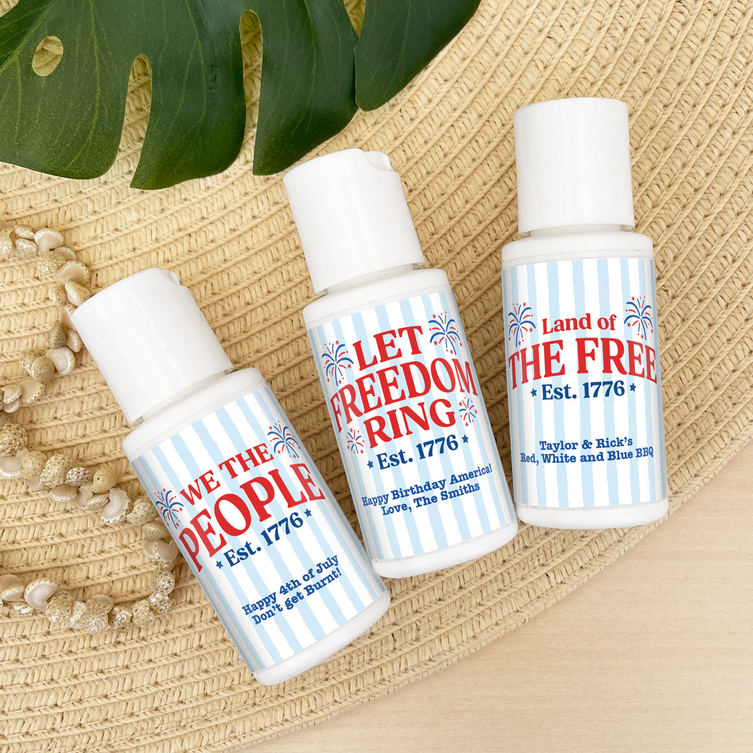 Patriotic Striped Mini Sunscreen Favors, God Bless America, Land of the Free, We the People, 1oz Sunscreen