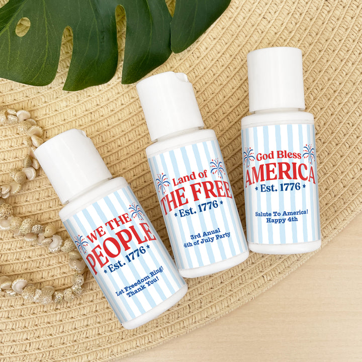 Patriotic Striped Mini Sunscreen Favors, God Bless America, Land of the Free, We the People, 1oz Sunscreen