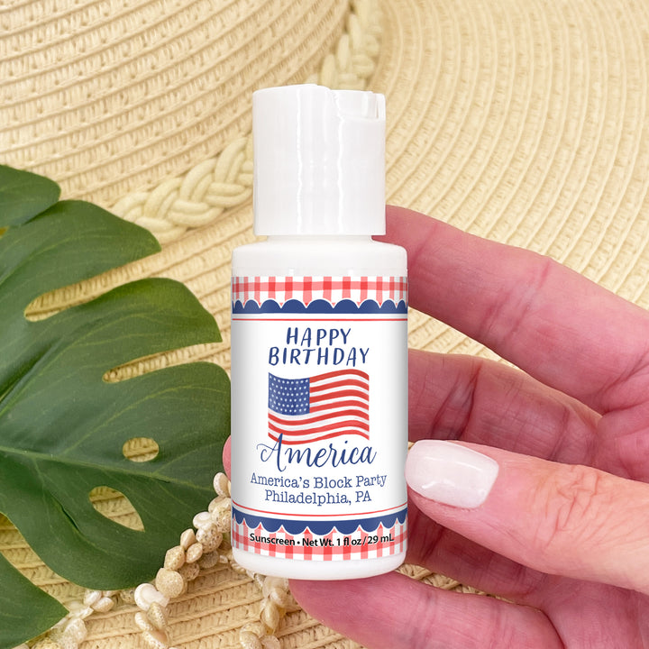 Patriotic Mini Sunscreen Favors, Happy Birthday America, 1oz Sunscreen