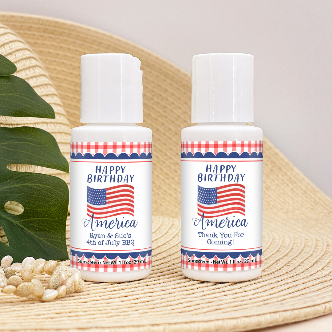 Patriotic Mini Sunscreen Favors, Happy Birthday America, 1oz Sunscreen