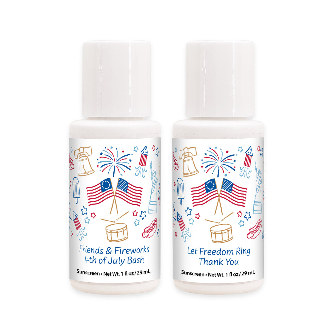 Patriotic Mini Sunscreen Favors, Hand Drawn 4th of July Doodles, 1oz Sunscreen