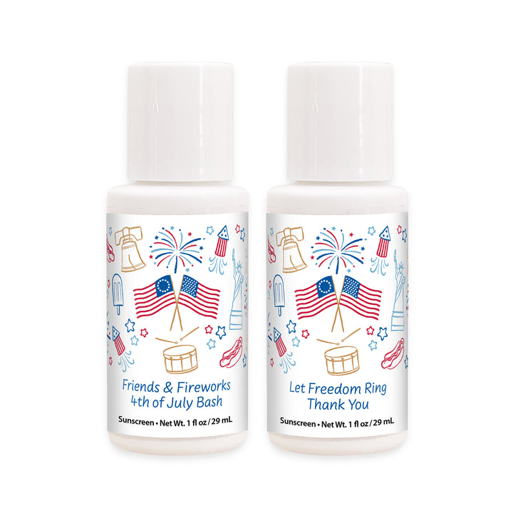 Patriotic Mini Sunscreen Favors, Hand Drawn 4th of July Doodles, 1oz Sunscreen