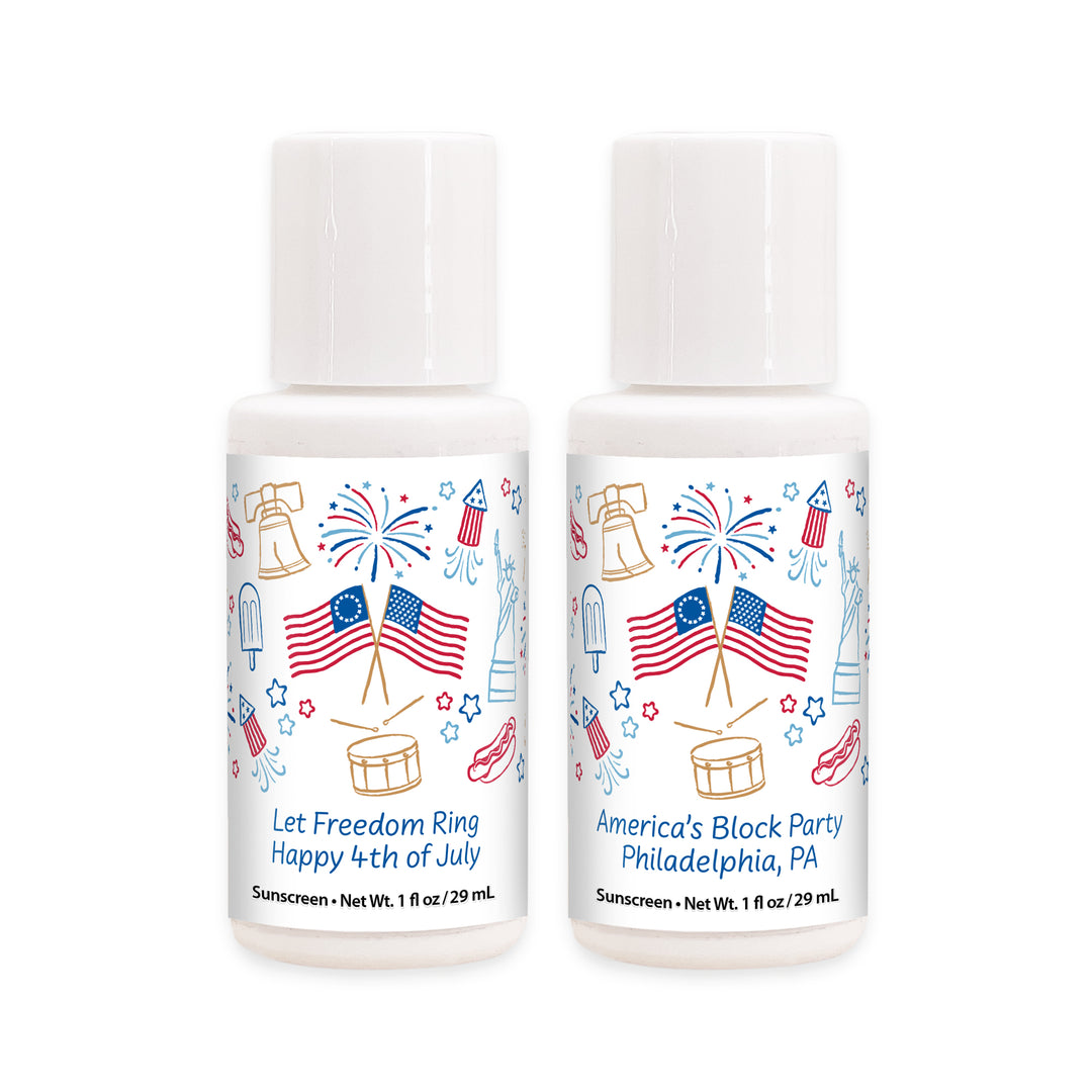 Patriotic Mini Sunscreen Favors, Hand Drawn 4th of July Doodles, 1oz Sunscreen