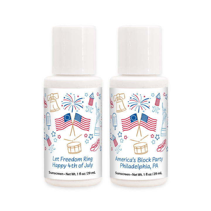 Patriotic Mini Sunscreen Favors, Hand Drawn 4th of July Doodles, 1oz Sunscreen