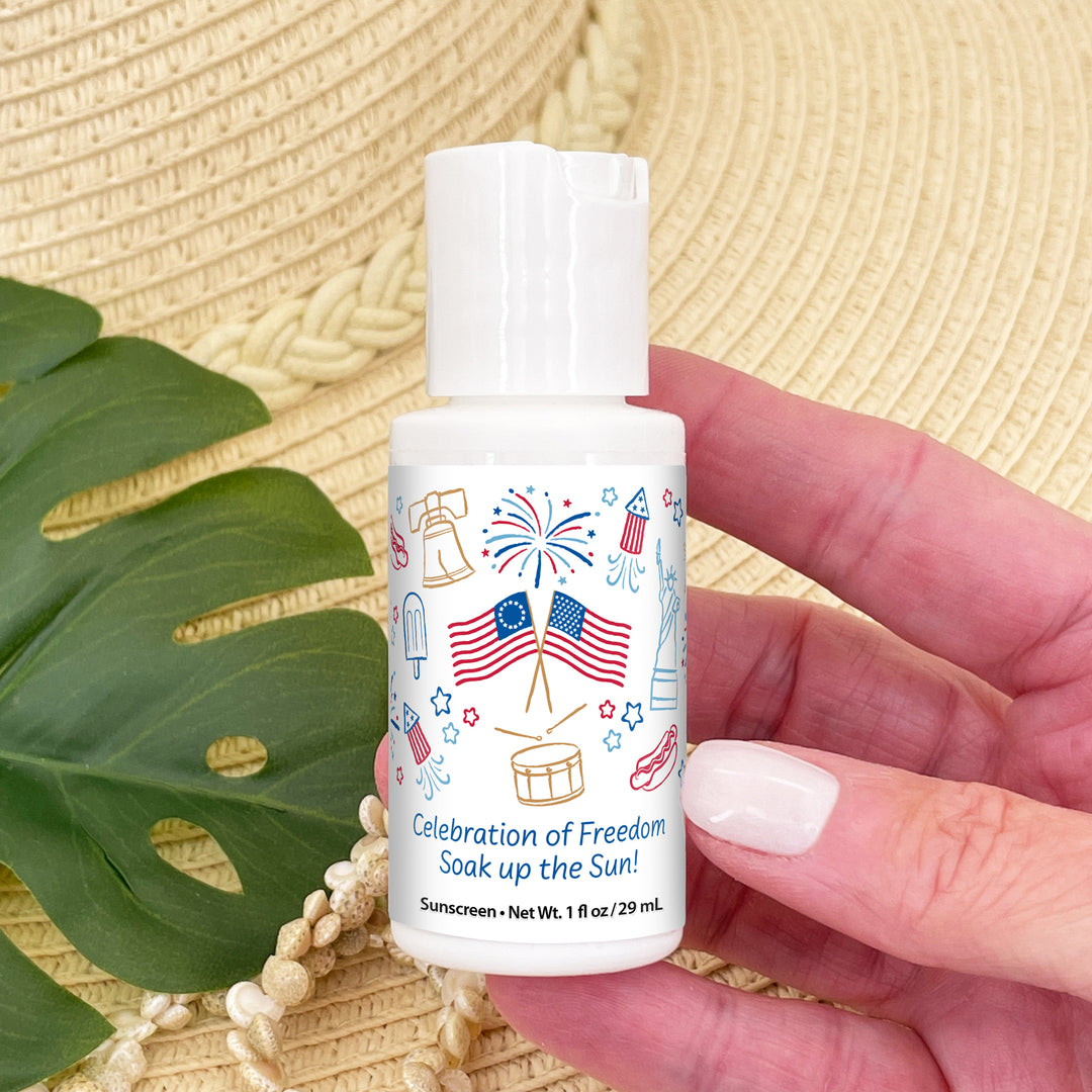 Patriotic Mini Sunscreen Favors, Hand Drawn 4th of July Doodles, 1oz Sunscreen