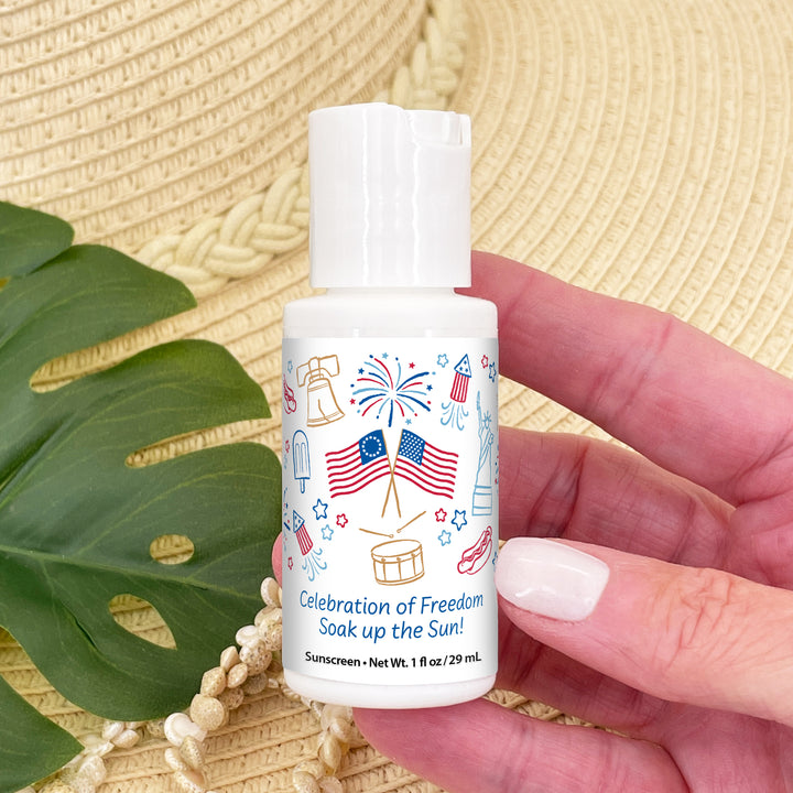 Patriotic Mini Sunscreen Favors, Hand Drawn 4th of July Doodles, 1oz Sunscreen