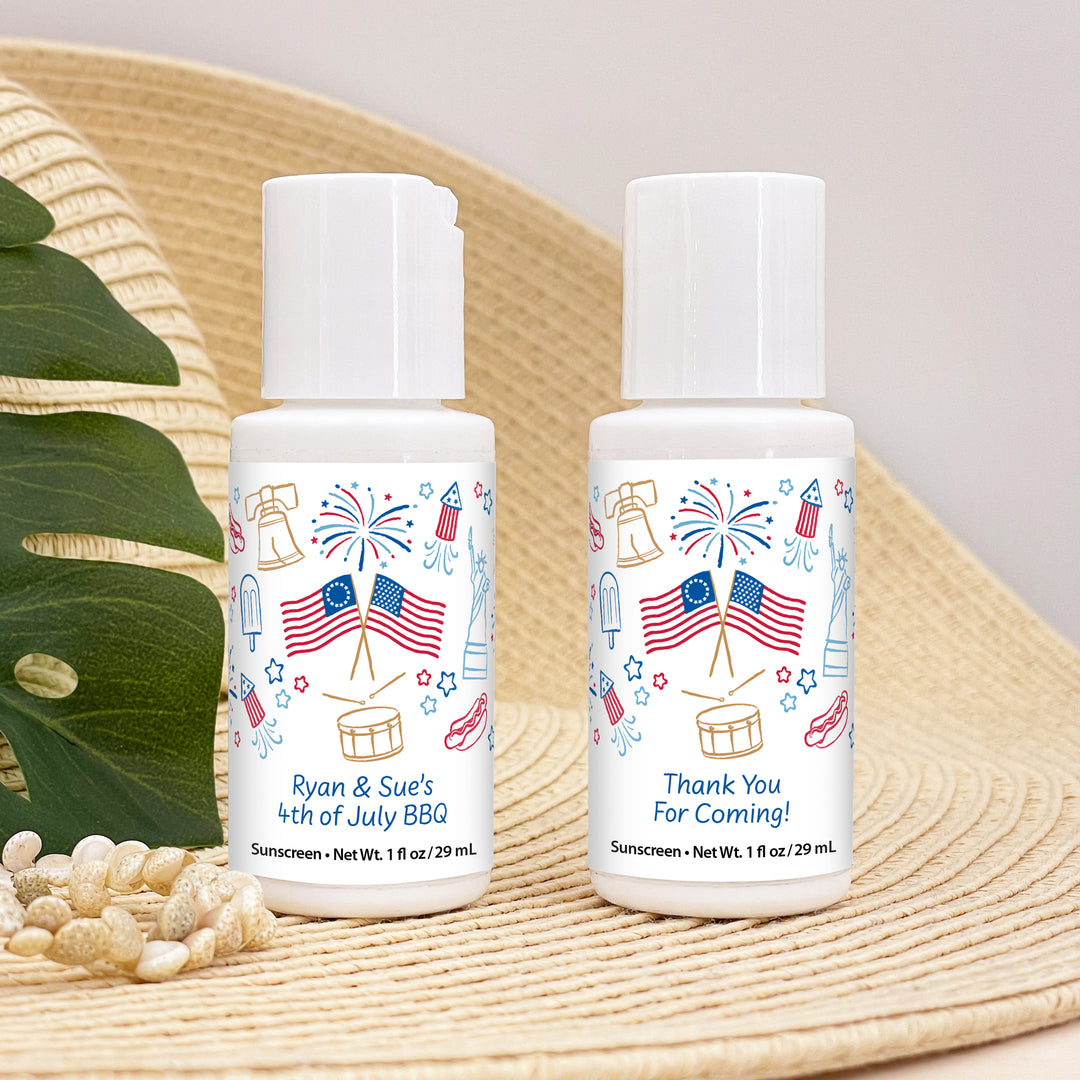 Patriotic Mini Sunscreen Favors, Hand Drawn 4th of July Doodles, 1oz Sunscreen