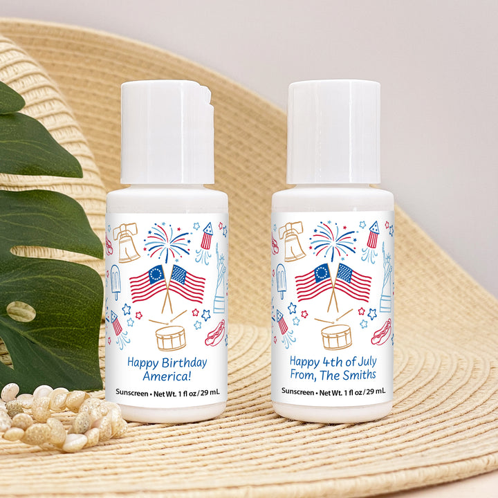 Patriotic Mini Sunscreen Favors, Hand Drawn 4th of July Doodles, 1oz Sunscreen
