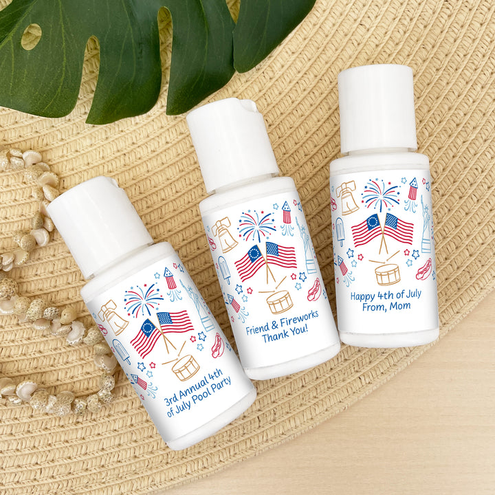 Patriotic Mini Sunscreen Favors, Hand Drawn 4th of July Doodles, 1oz Sunscreen
