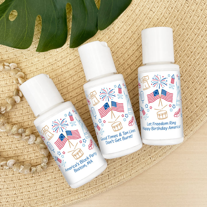 Patriotic Mini Sunscreen Favors, Hand Drawn 4th of July Doodles, 1oz Sunscreen