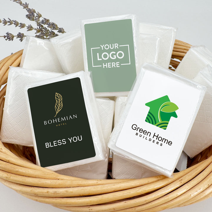 Custom Corporate Logo Tissues, Personalized Pocket Size Packs of Tissues