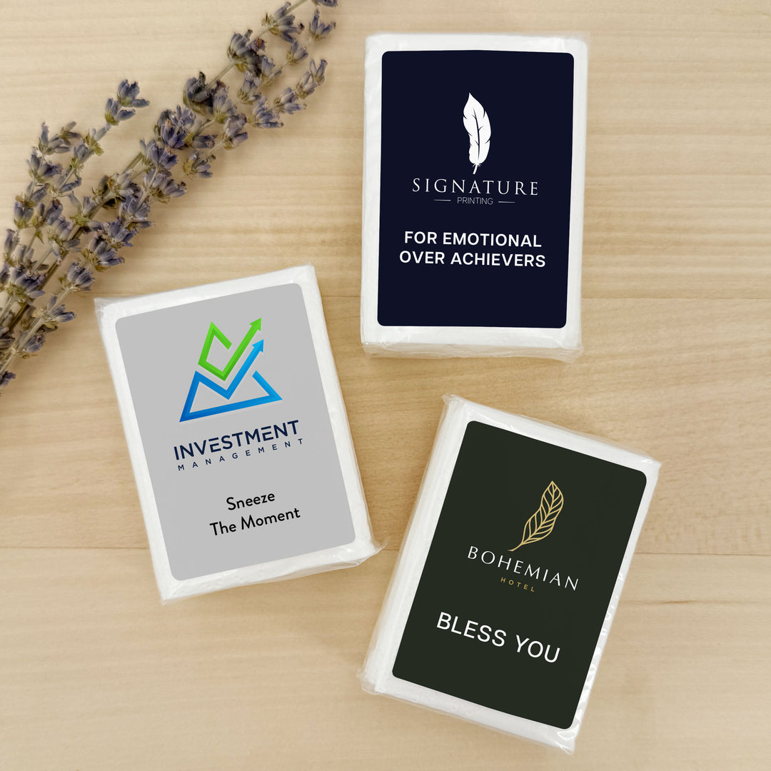 Custom Corporate Logo Tissues, Personalized Pocket Size Packs of Tissues