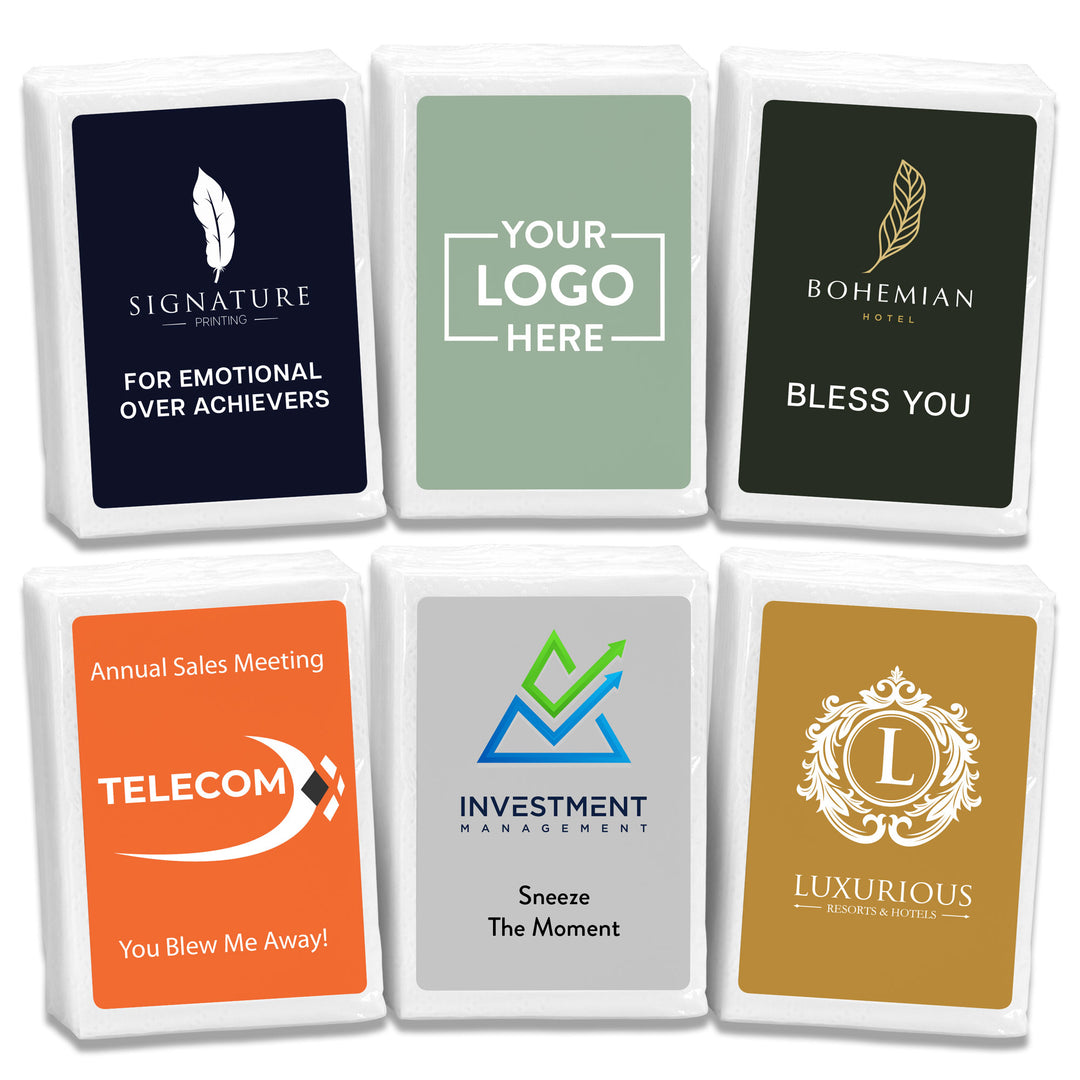 Custom Corporate Logo Tissues, Personalized Pocket Size Packs of Tissues