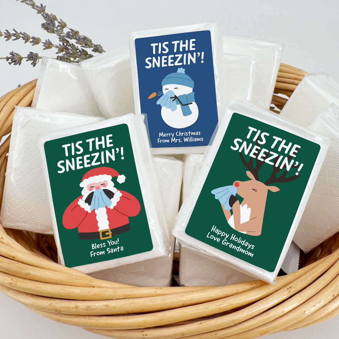 Personalized Christmas Tissues, Pocket Size Tissue Packs, Tis the Sneezin&