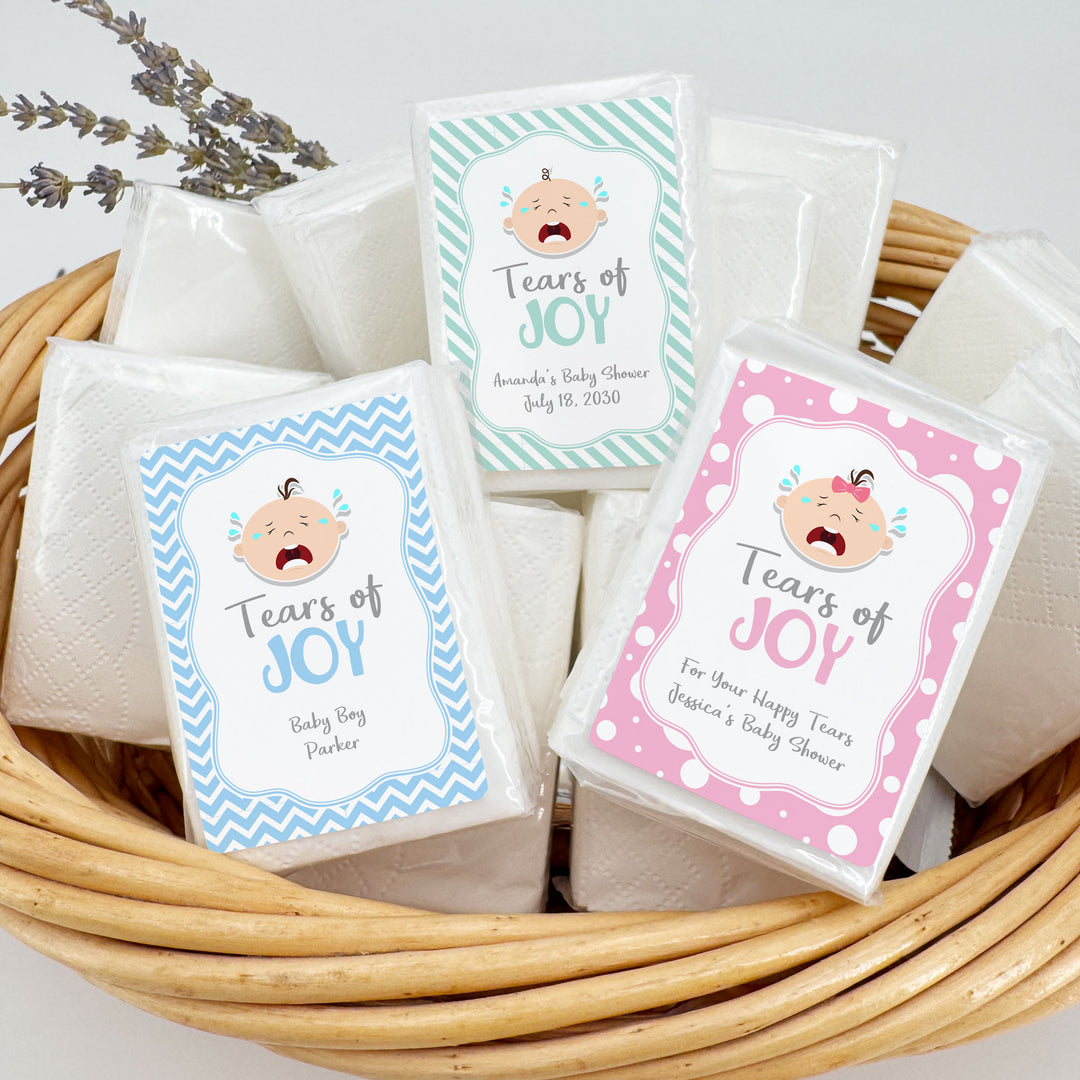 Personalized Baby Shower Tissues, Humorous Tears of Joy Tissues, Pocket Size Tissue Packs