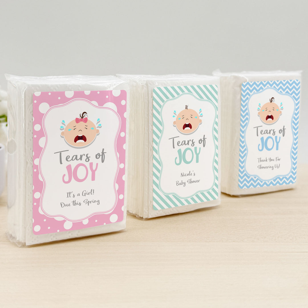 Personalized Baby Shower Tissues, Humorous Tears of Joy Tissues, Pocket Size Tissue Packs
