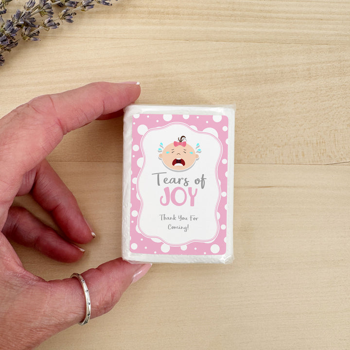 Personalized Baby Shower Tissues, Humorous Tears of Joy Tissues, Pocket Size Tissue Packs