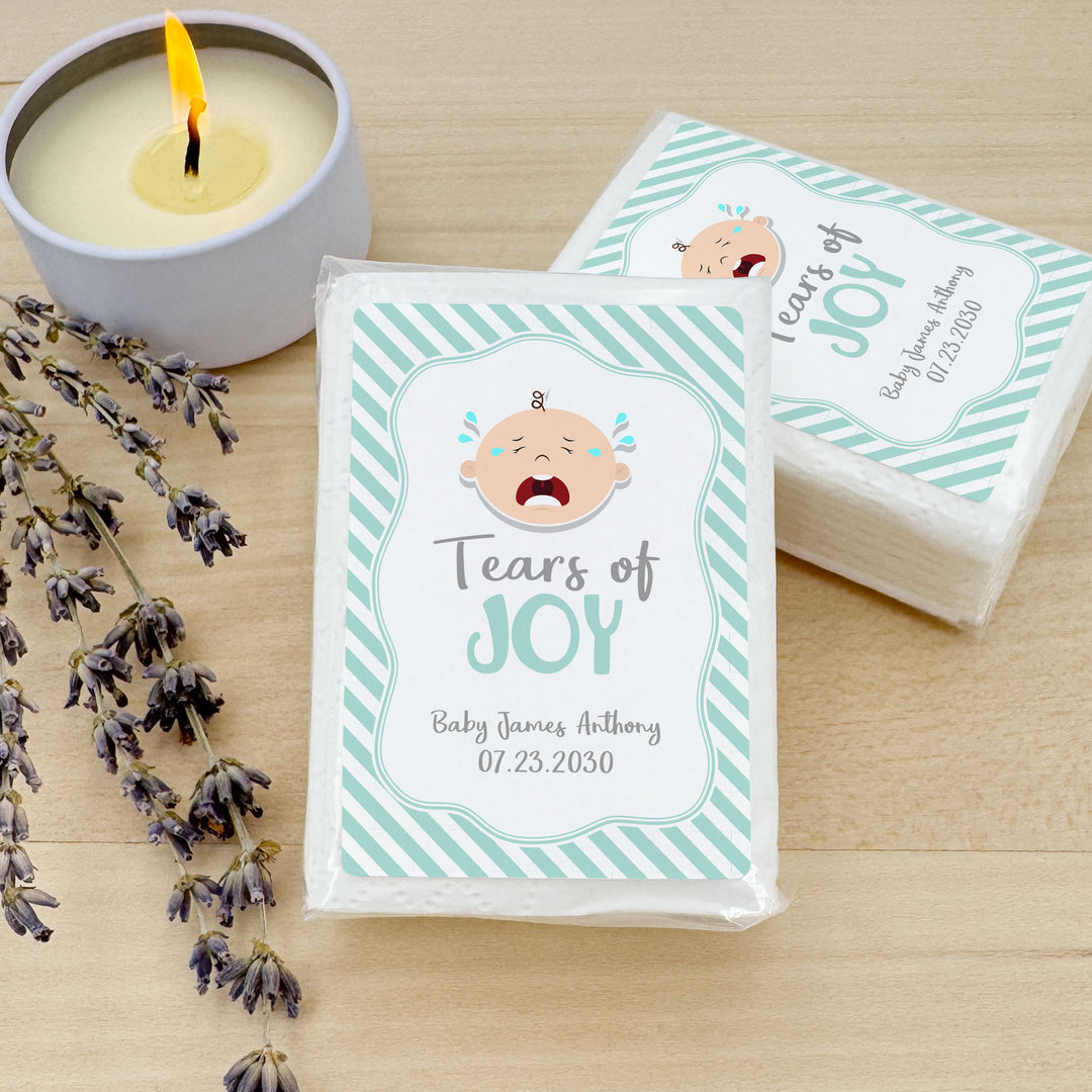 Personalized Baby Shower Tissues, Humorous Tears of Joy Tissues, Pocket Size Tissue Packs