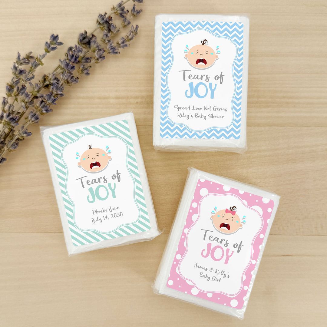 Personalized Baby Shower Tissues, Humorous Tears of Joy Tissues, Pocket Size Tissue Packs