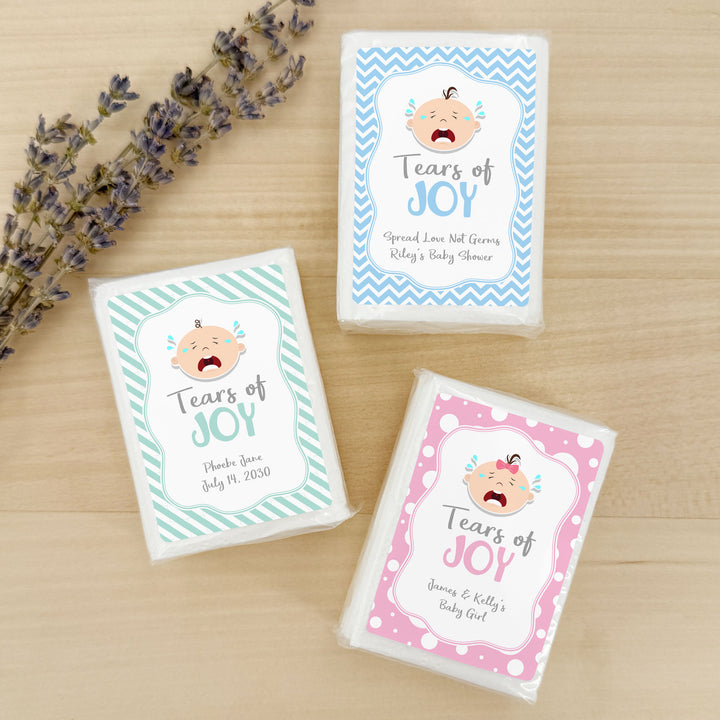 Personalized Baby Shower Tissues, Humorous Tears of Joy Tissues, Pocket Size Tissue Packs