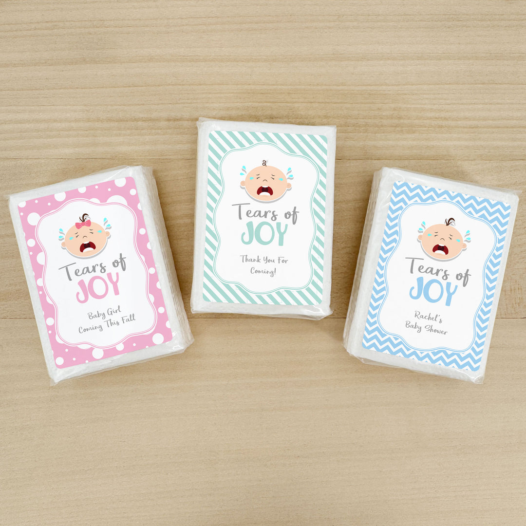 Personalized Baby Shower Tissues, Humorous Tears of Joy Tissues, Pocket Size Tissue Packs