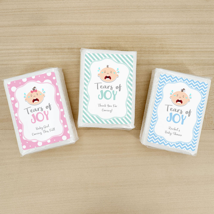 Personalized Baby Shower Tissues, Humorous Tears of Joy Tissues, Pocket Size Tissue Packs