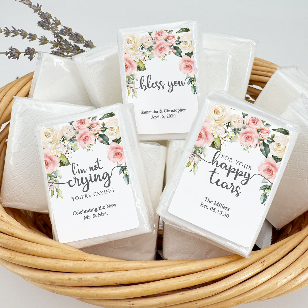 Personalized Wedding Guest Tissues, Happy Tears, Pink and White Floral, Pocket Size Tissue Packs