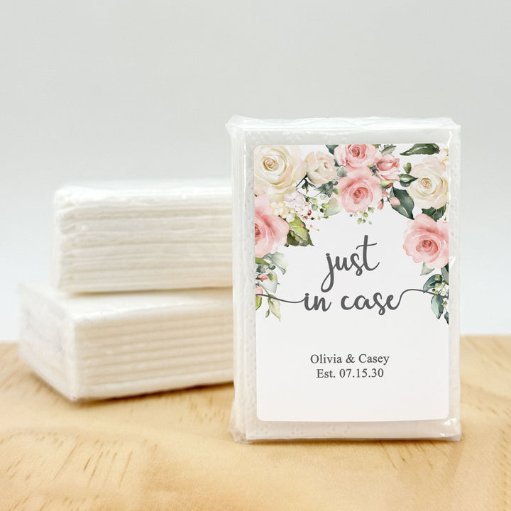 Personalized Wedding Guest Tissues, Happy Tears, Pink and White Floral, Pocket Size Tissue Packs