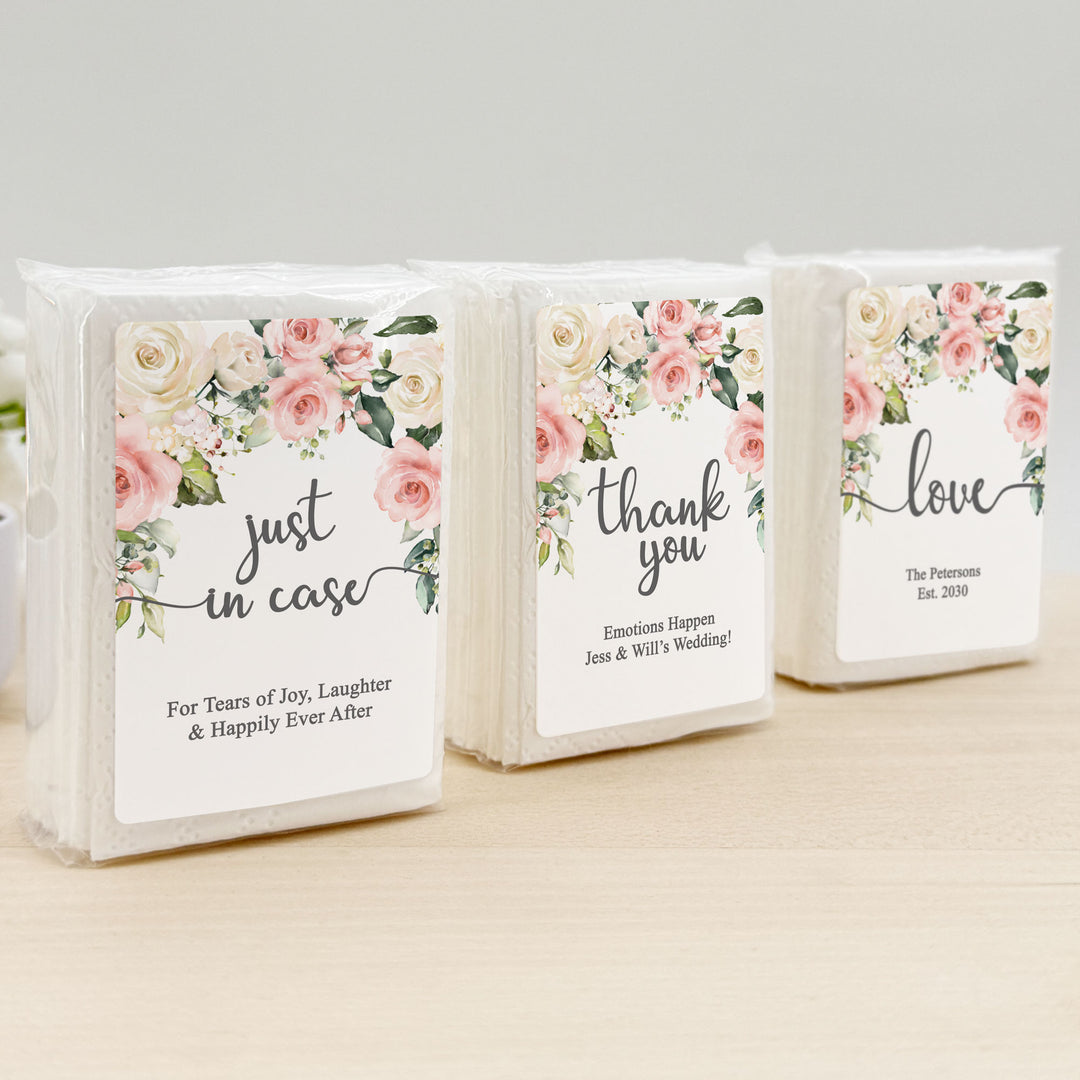 Personalized Wedding Guest Tissues, Happy Tears, Pink and White Floral, Pocket Size Tissue Packs
