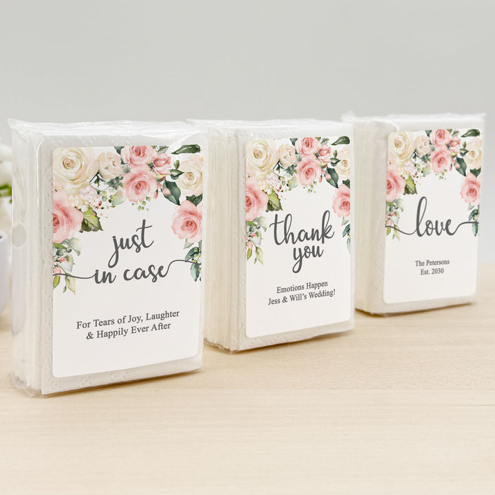 Personalized Wedding Guest Tissues, Happy Tears, Pink and White Floral, Pocket Size Tissue Packs