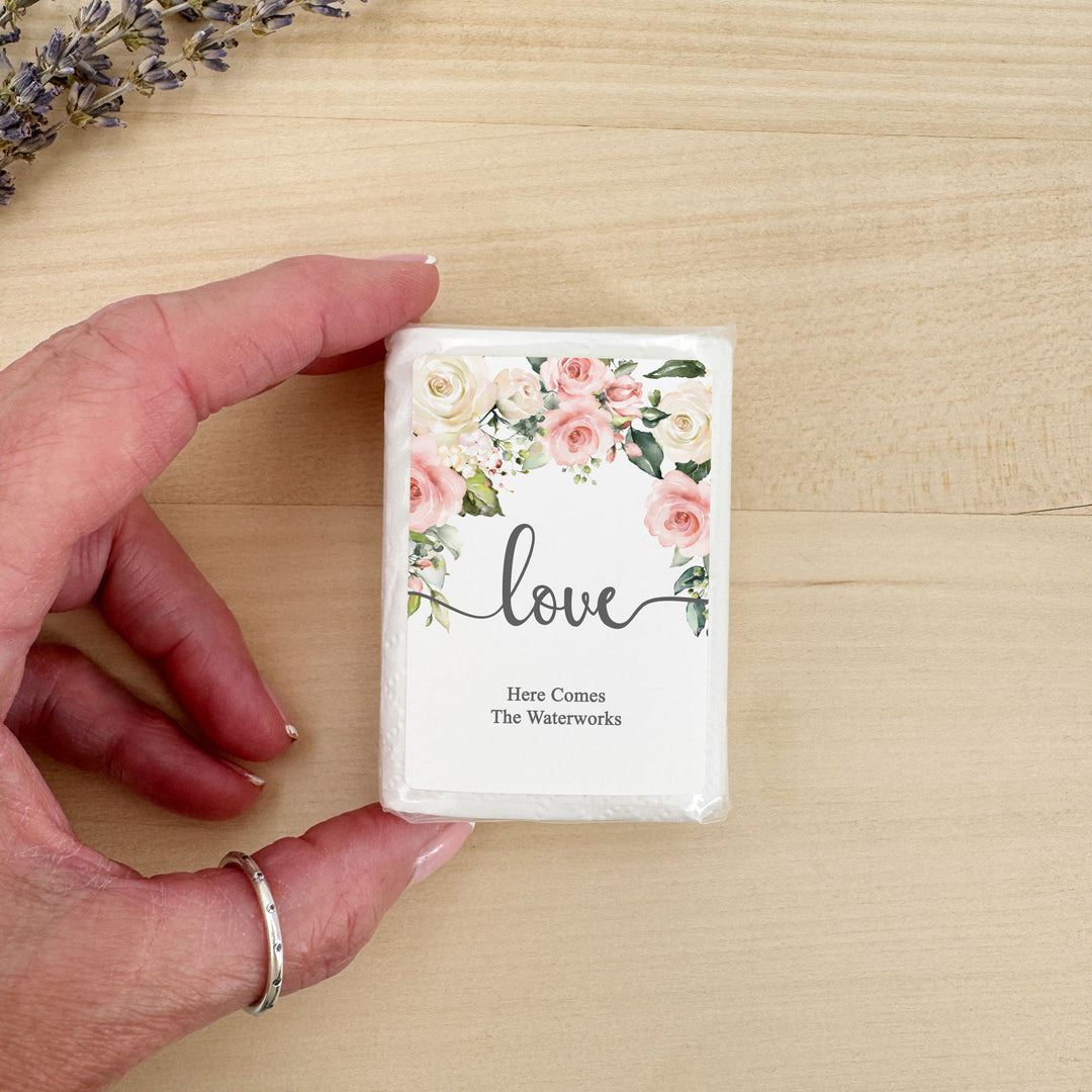Personalized Wedding Guest Tissues, Happy Tears, Pink and White Floral, Pocket Size Tissue Packs