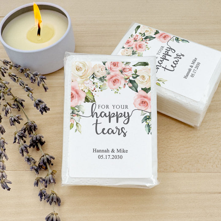 Personalized Wedding Guest Tissues, Happy Tears, Pink and White Floral, Pocket Size Tissue Packs