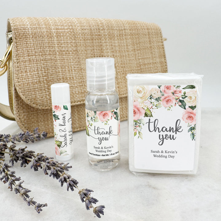 Personalized Wedding Guest Tissues, Happy Tears, Pink and White Floral, Pocket Size Tissue Packs