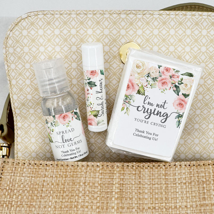 Personalized Wedding Guest Tissues, Happy Tears, Pink and White Floral, Pocket Size Tissue Packs