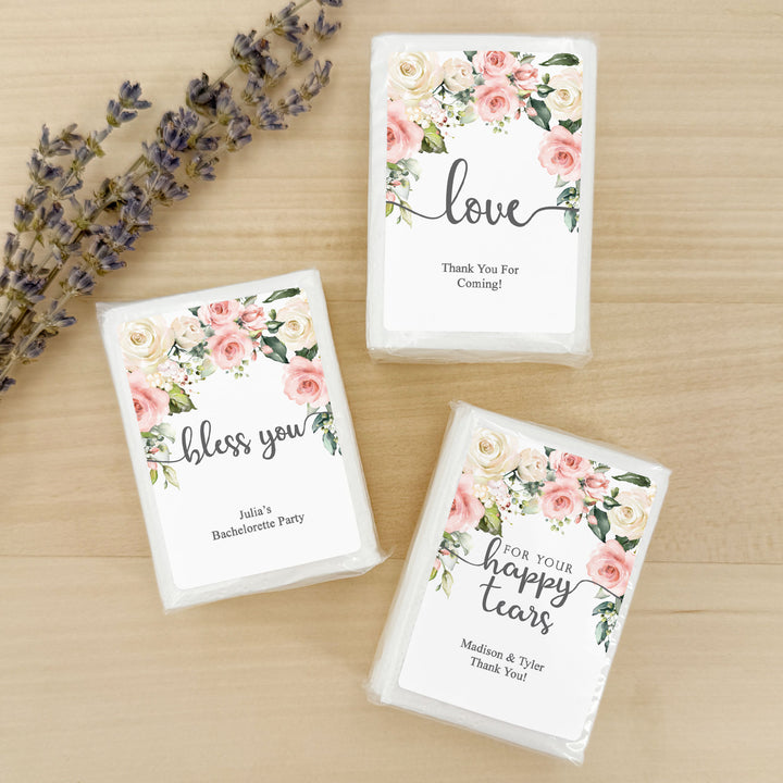 Personalized Wedding Guest Tissues, Happy Tears, Pink and White Floral, Pocket Size Tissue Packs