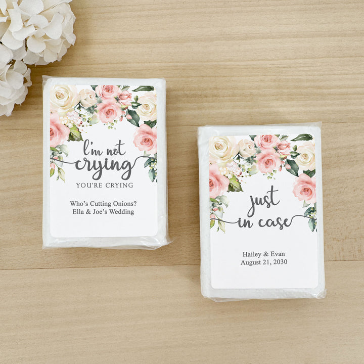 Personalized Wedding Guest Tissues, Happy Tears, Pink and White Floral, Pocket Size Tissue Packs