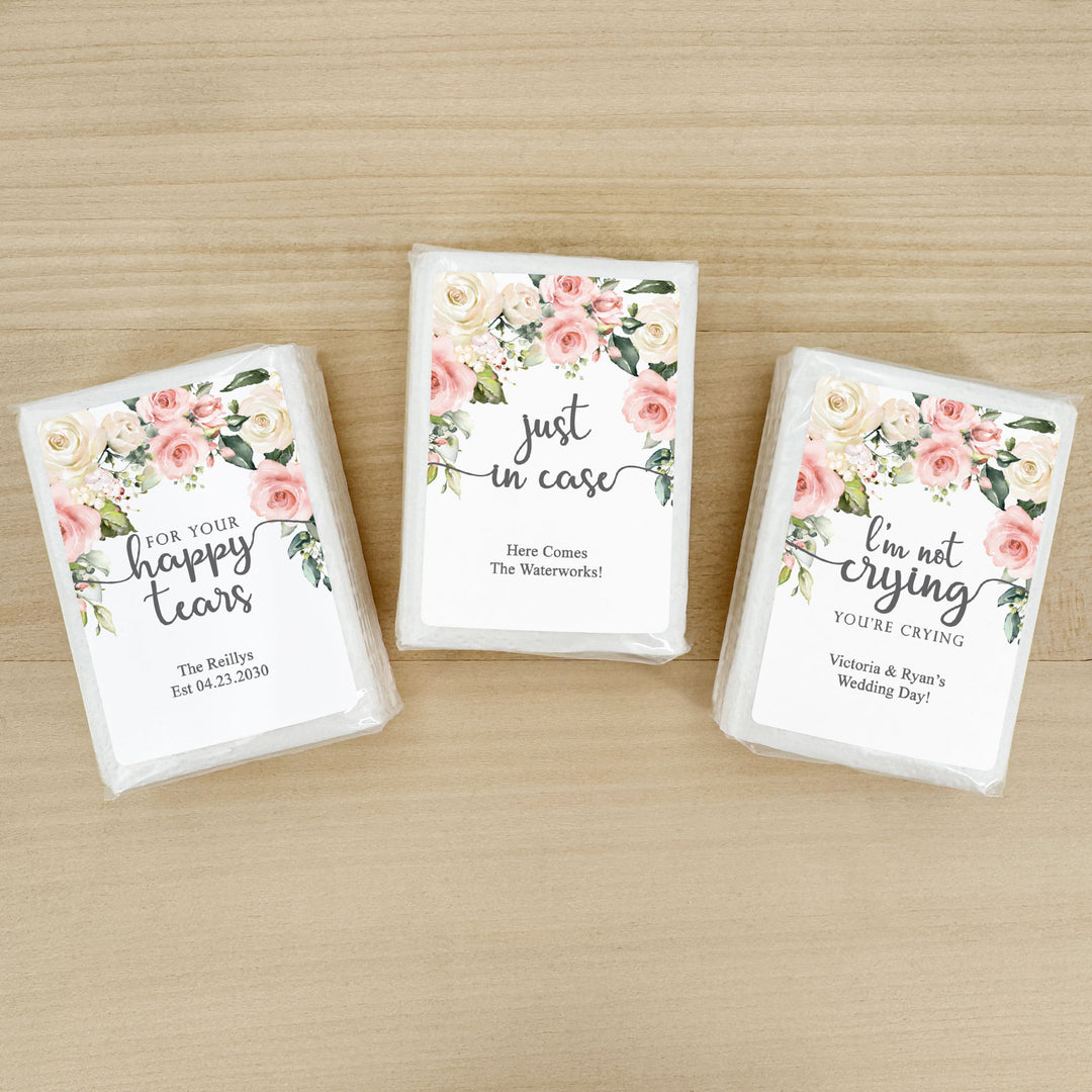 Personalized Wedding Guest Tissues, Happy Tears, Pink and White Floral, Pocket Size Tissue Packs