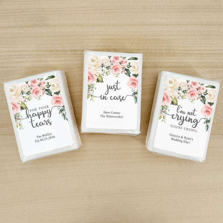 Personalized Wedding Guest Tissues, Happy Tears, Pink and White Floral, Pocket Size Tissue Packs