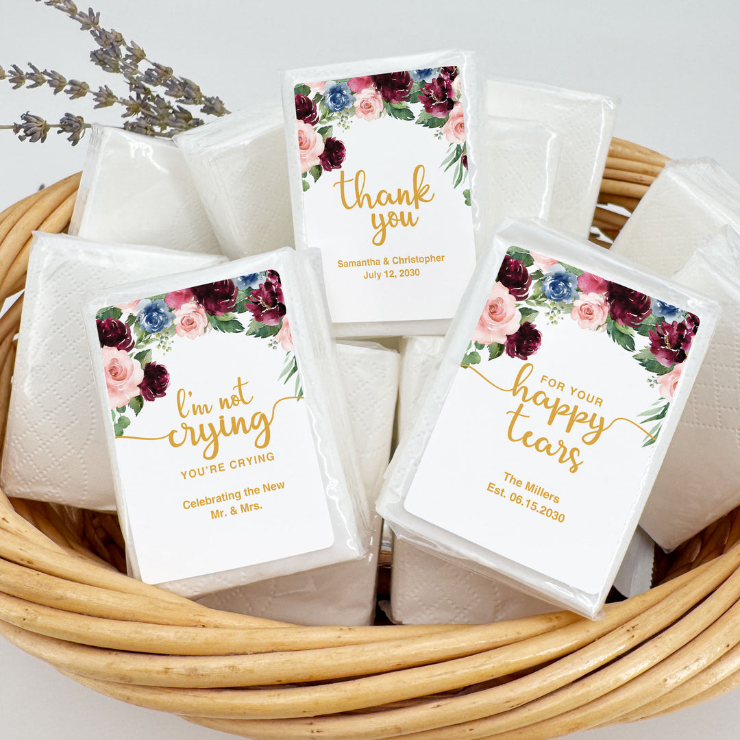 Personalized Wedding Guest Tissues, Happy Tears, Pink and Burgundy Floral, Pocket Size Tissue Packs