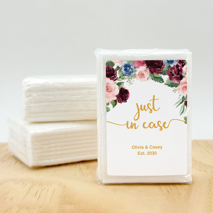 Personalized Wedding Guest Tissues, Happy Tears, Pink and Burgundy Floral, Pocket Size Tissue Packs